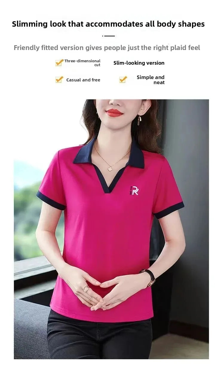 Loose Fit Casual Short Sleeve Turn-down Collar T-shirt for Middle-aged Women Summer New Style plus Size Sportswear Top.