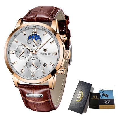 LIGE Luxury Fashion Women Watch Leather Strap Waterproof Casual Sport Quartz Wristwatch 24 hour Moon Phase Clock Watch for Women