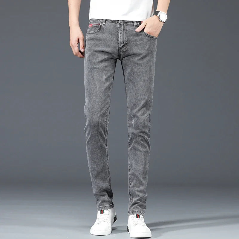 2024 New Men's Cotton Business Casual Skinny Jeans Trendy Fashionable Stretch Straight Slim Denim Trousers Male Blue Grey.