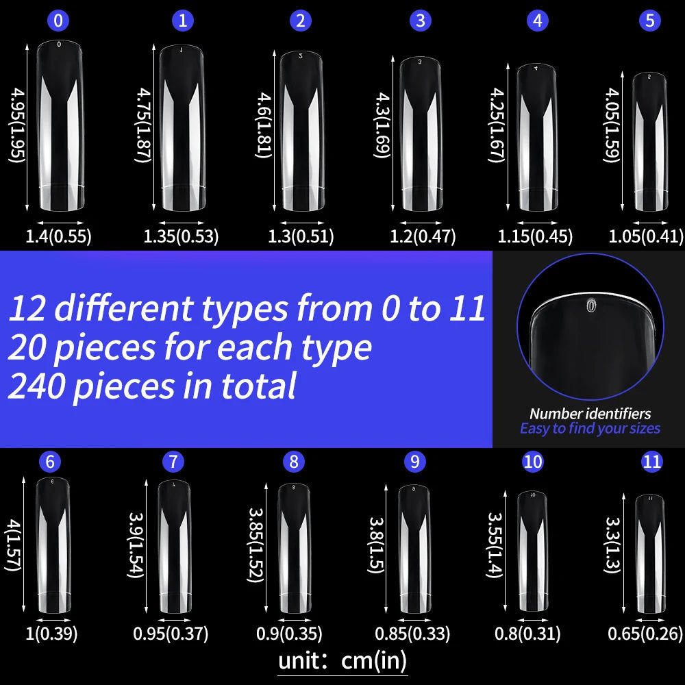 240Pcs/Box Extra Long Bend False Nails 12-Sizes Full Cover Press On Nail Clear/White/Black Building Extension Fake Fingertips *&.