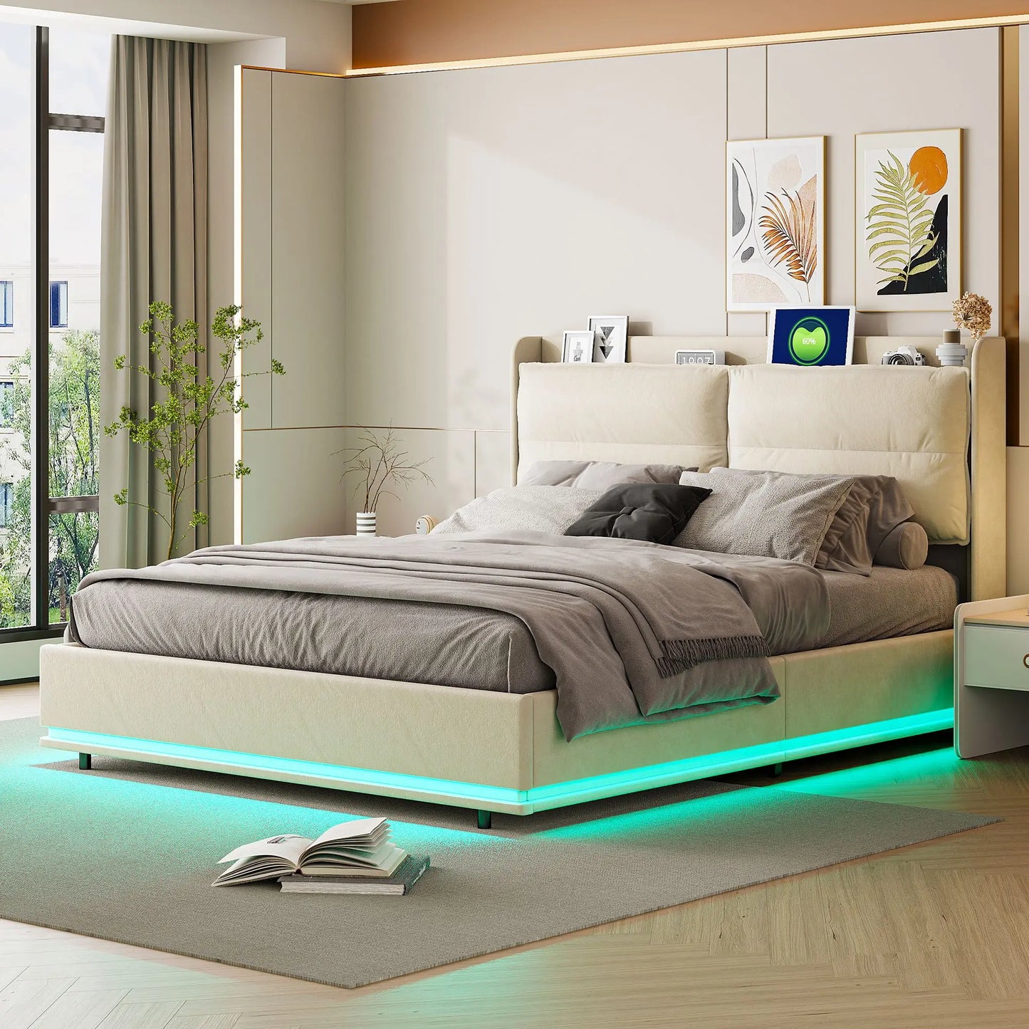 Creahappy – Weich gepolstertes Bett – Doppelbett – mit LED-Leuchten und USB-Ladefunktion – Stauraumbett mit Luftdruckstange