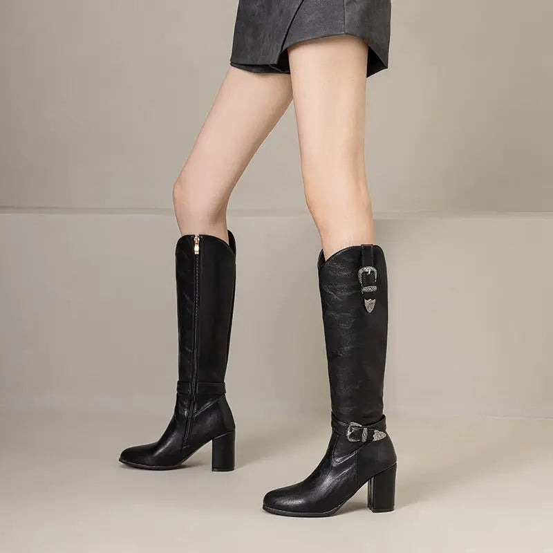 Girseaby British Style Women Knee High Boots Round Toe Block Heel 7.5cm Zipper Plus Size 51 52 Fashion Riding Bota.