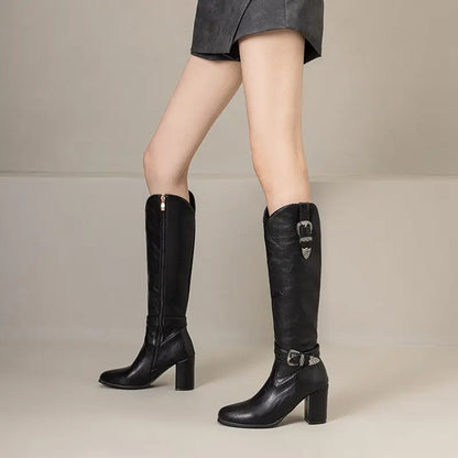 Girseaby British Style Women Knee High Boots Round Toe Block Heel 7.5cm Zipper Plus Size 51 52 Fashion Riding Bota.