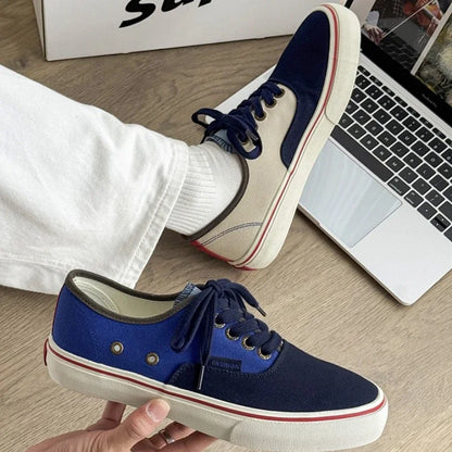 Boys' Casual Canvas Skateboard Shoes with Patchwork Low Cut Shoes Men's Minimalist Fashion Sneakers Trendy Lace Up Flat Bottom
