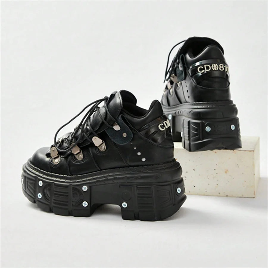 Punk Stil Frauen Schwarze Schuhe Rock Metall Dekor Lace-up Ferse Höhe Plattform Schuhe Gothic Mann Turnschuhe Frauen Stiefeletten 2025, Neue