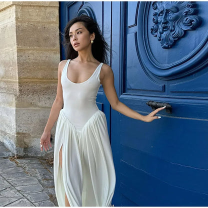 Schwarzes A-Linien-Langkleid für Damen, elegant, quadratischer Ausschnitt, plissiert, ärmellos, Sling-Maxikleider, 2025, Sommer-Dame, Urlaub, Party, Roben