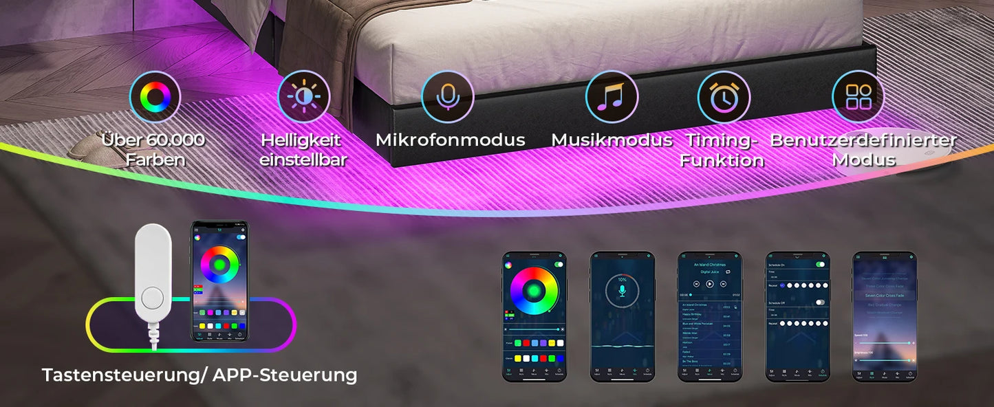 Bett 140x200 mit verstellbarer Beleuchtung, Bettgestell 140x200 mit weicher Polsterung, schwebender Bettrahmen, gepolsterte Jugendbe