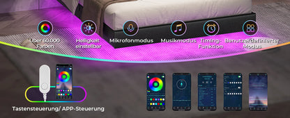 Bett 140x200 mit verstellbarer Beleuchtung, Bettgestell 140x200 mit weicher Polsterung, schwebender Bettrahmen, gepolsterte Jugendbe