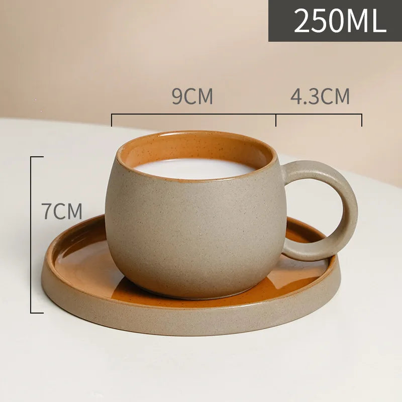 Retro Coarse Pottery Mug and Saucer Combination Japanese Coffee Cup Set Nordic Afternoon Tea Breakfast Cup Latte Coffee Mug.