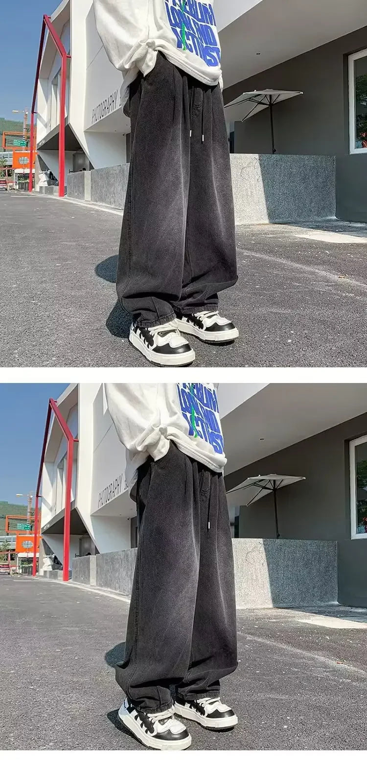 2024 New Trendy Wide-Leg Jeans Men's Loose-Fit Straight-Leg Casual Long Pants Vintage Washing Distressed Style.