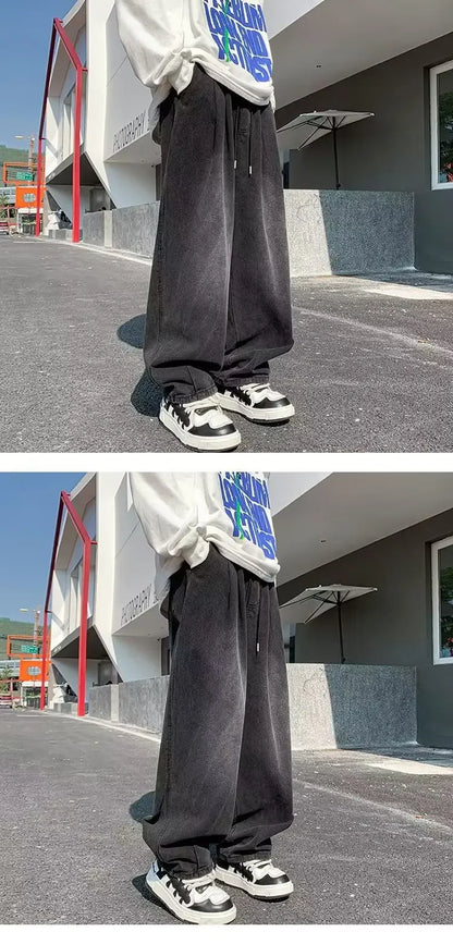 2024 New Trendy Wide-Leg Jeans Men's Loose-Fit Straight-Leg Casual Long Pants Vintage Washing Distressed Style.