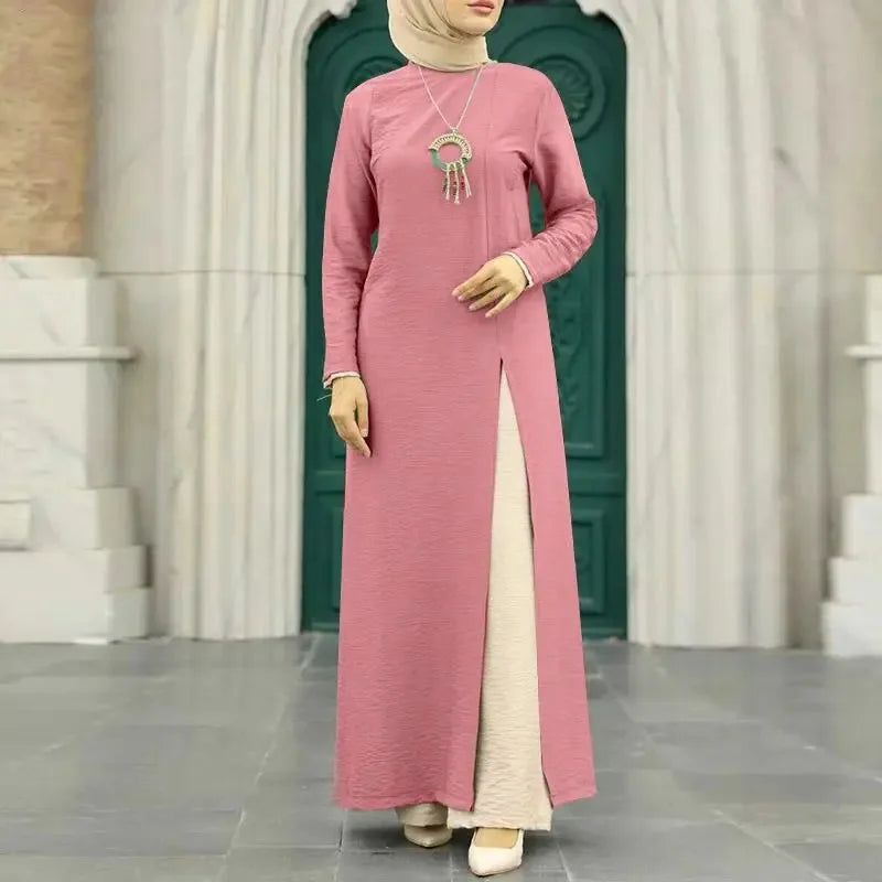 Muslim Women's Long Sleeve Crepe High Split Hem Dress.
