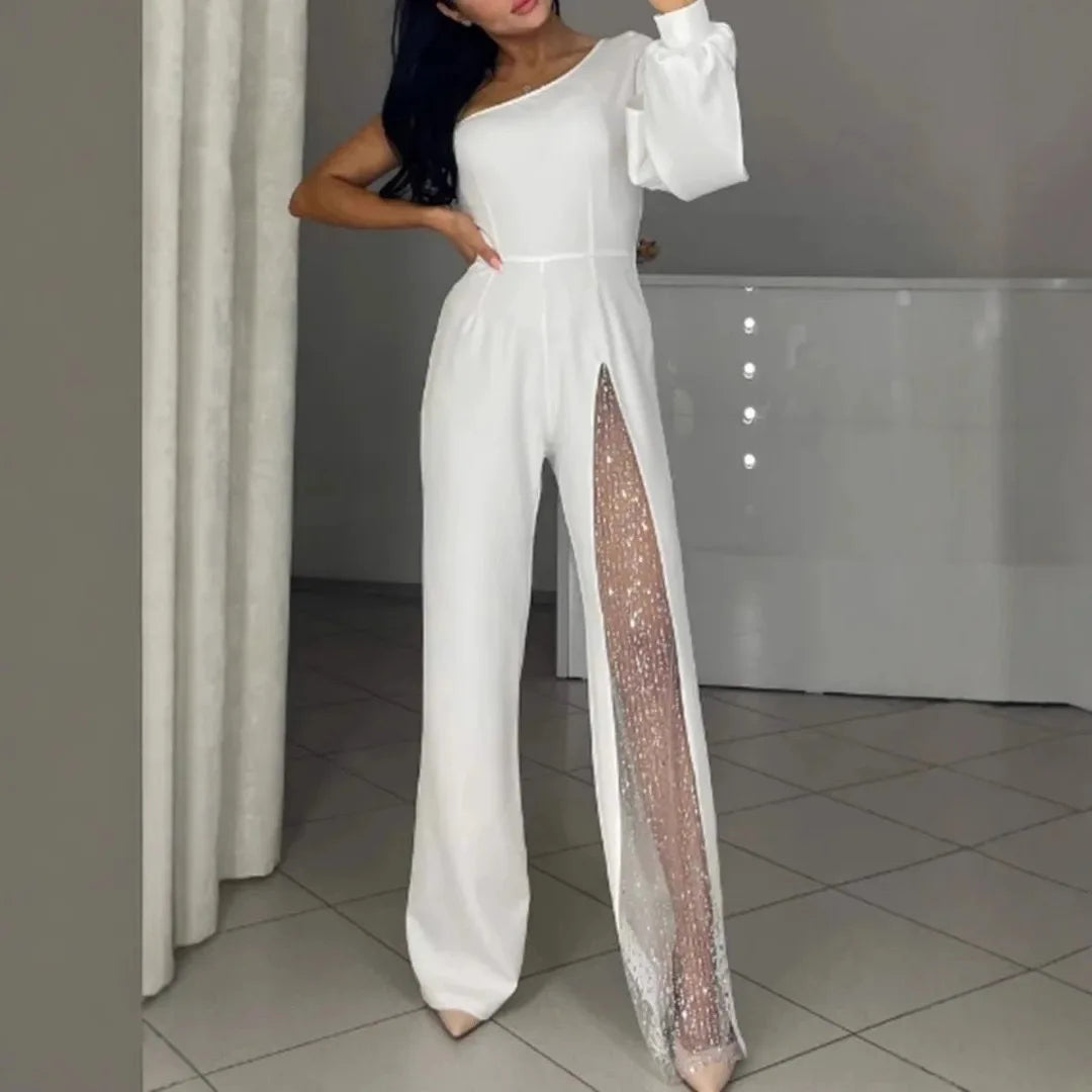 2025 Sping Summer Women's Jumpsuit Casual Comfortable Fashion Sexy Slanted Mesh Slightly Tilted Neck Office Jumpsuits.