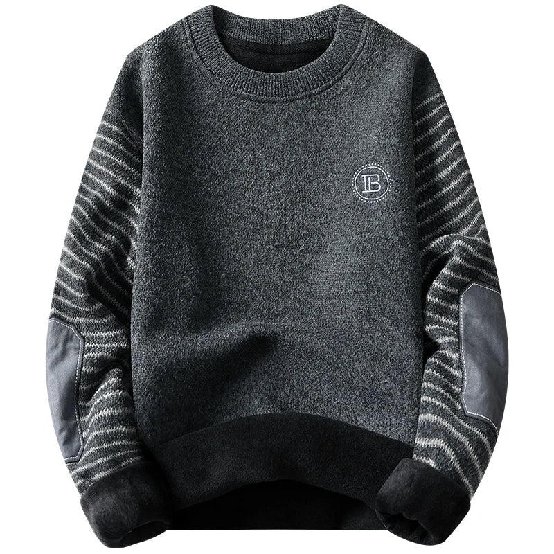 Men's Sweater Patckwork Round Neck Pullovers Fleece Lined Thick Warm Winter Knitwear Fashion Jumpers Men's Clothes.
