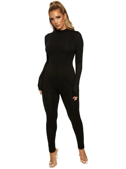solid black/gray long sleeve skiing jumpsuit women elastic hight outfit fashion fitness sportwear slim rompers streetwear.