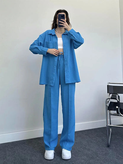 New Autumn Red Women Casual Two-piece Set, Features A Thin Long-sleeved Lapel Shirt Paired with Matching Drawstring Trousers..