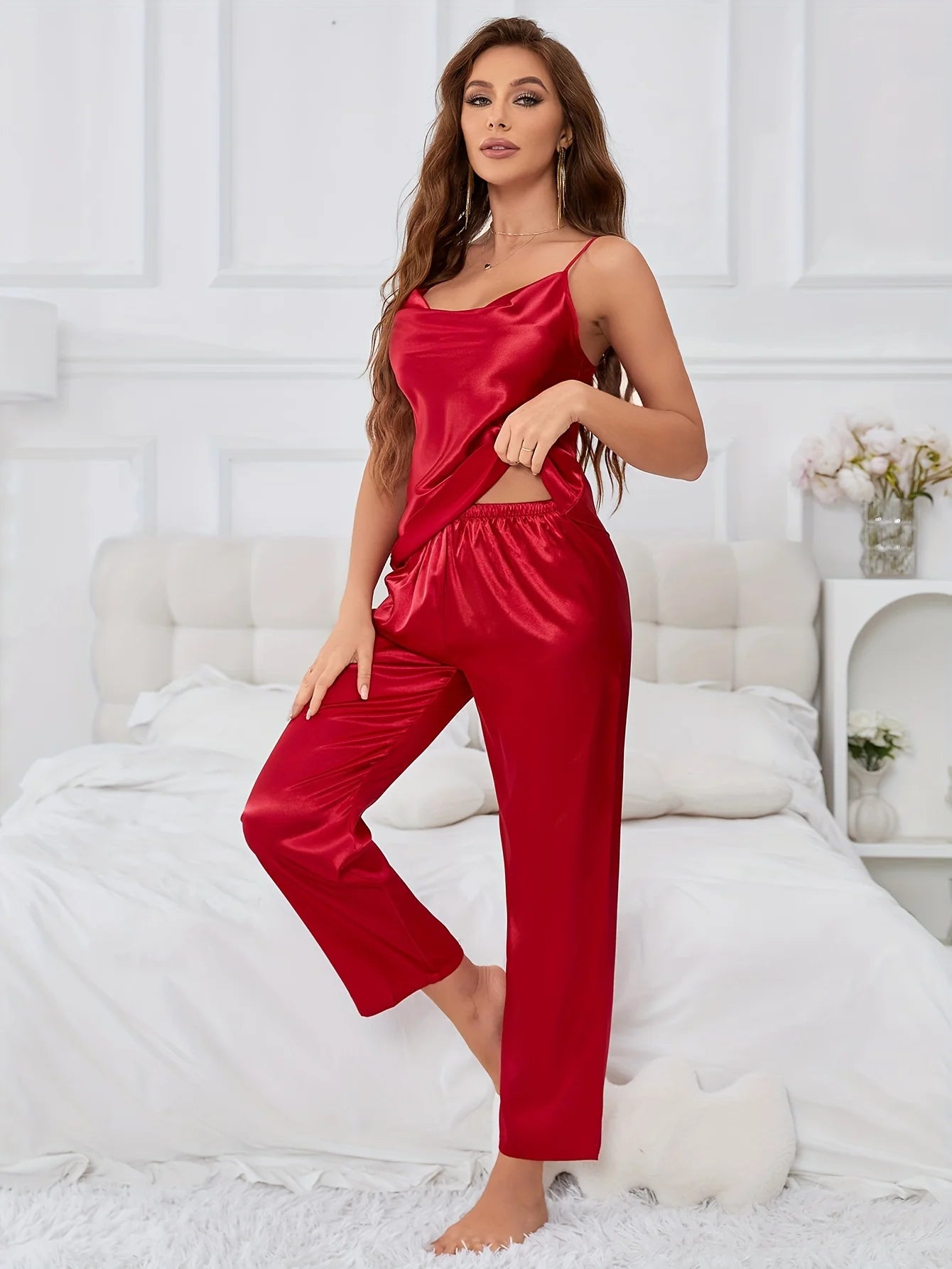 Sexy Solid Satin Pajamas Sets Sleeveless Loungewear Simple Breathable Sleepwear for Women