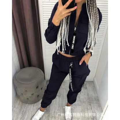 New Women Fashion Casual Autumn Winter 2pcs Clothes Set Pockets Zipper Long Sleeve Top Elastic Waist Pants Cargo Solid Color.