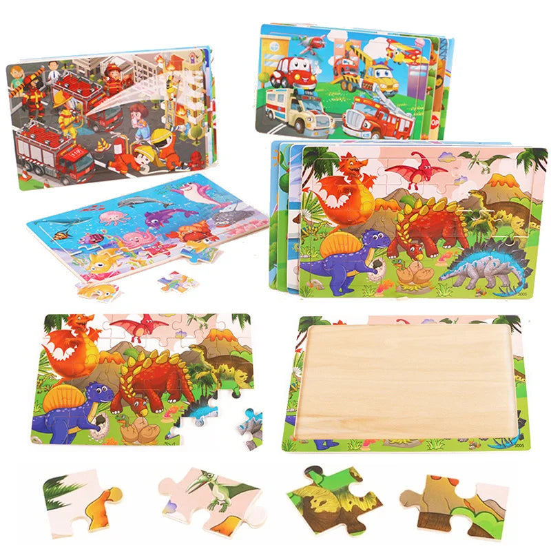 New 30 Pieces Wooden Puzzles Cartoon Animal Traffic Tangram Wood 3d Puzzle Montessori Educational Toys for Children Gifts.