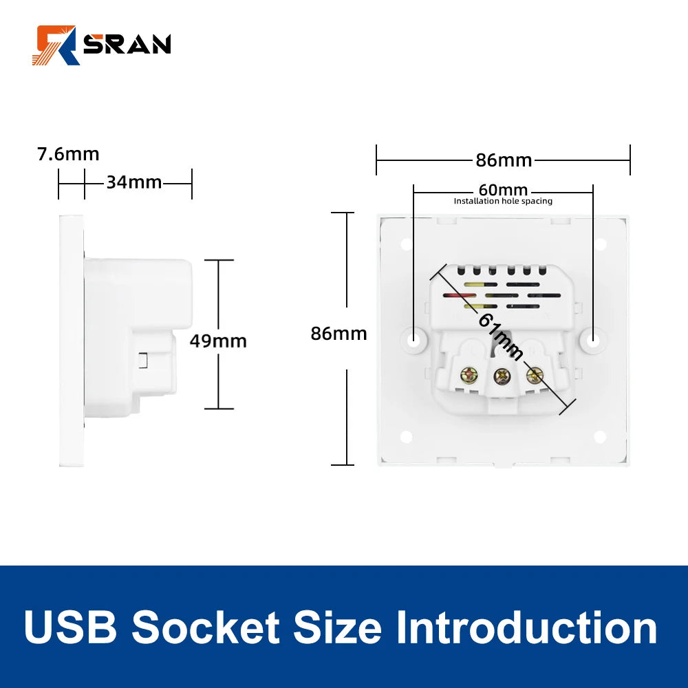 SRAN EU-Standard-Wandsteckdose mit USB und Typ-C 20 W Schnellladung, 5 V/2 A Doppelanschlüssen, 86 x 86 mm flammhemmendes Panel, CE-zertifiziert.