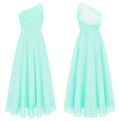 Mädchen Hochzeit Brautjungfer Kleid One Shoulder Elegante Guipure-Spitze Geraffte Chiffon Maxi Party Kleider Geburtstag Abend Abendkleid