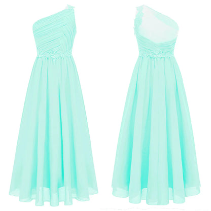 Mädchen Hochzeit Brautjungfer Kleid One Shoulder Elegante Guipure-Spitze Geraffte Chiffon Maxi Party Kleider Geburtstag Abend Abendkleid