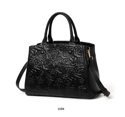 Leather handbag high sense handbag top layer leather rose pattern slung shoulder bag.