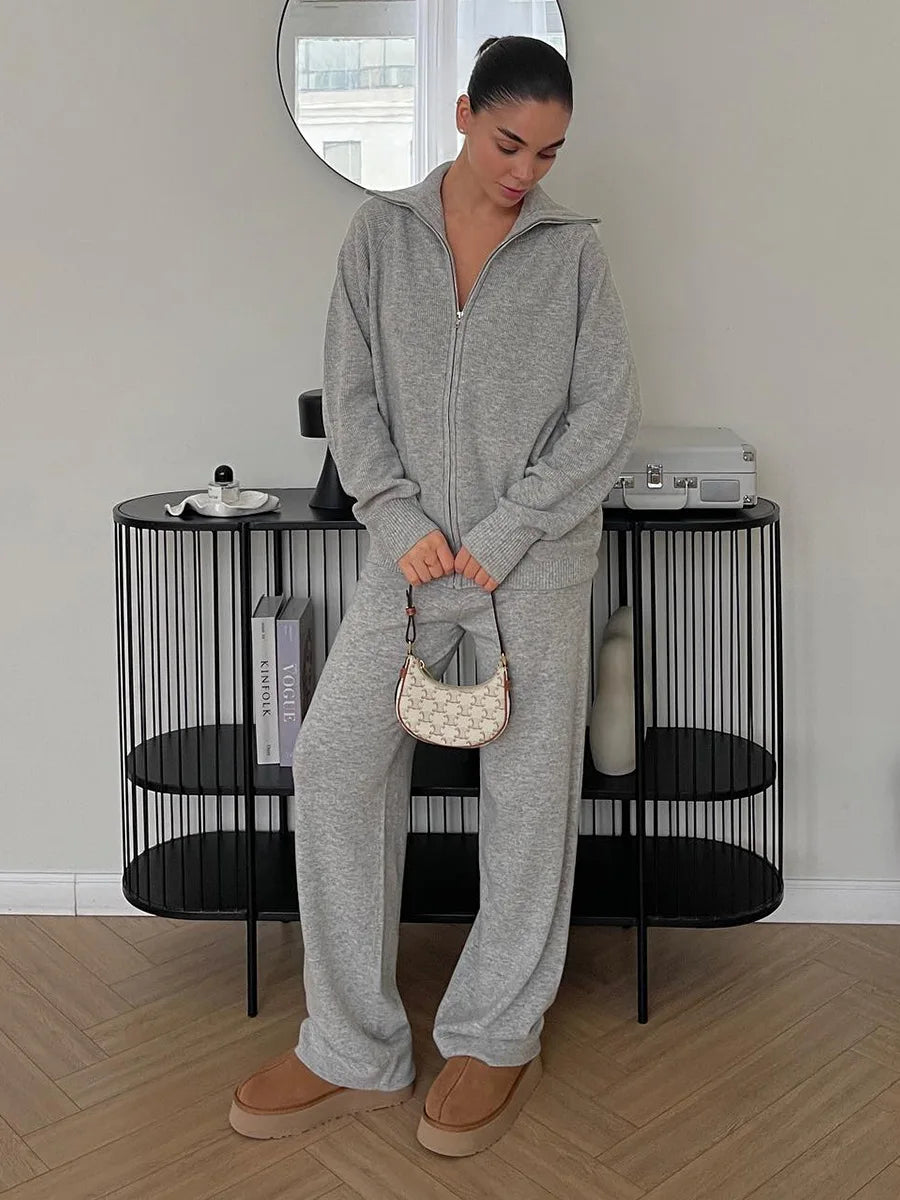 Tornova Zipper Strickjacke Pullover Anzug Weibliche Gestrickte Langarm Casual Mantel Breitbeinig Hosen Pullover frauen Zwei Stück Set