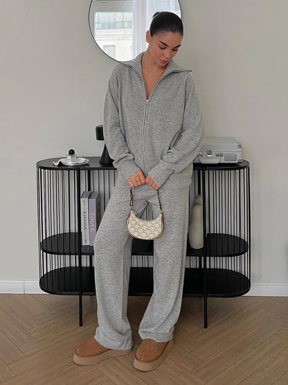 Tornova Zipper Strickjacke Pullover Anzug Weibliche Gestrickte Langarm Casual Mantel Breitbeinig Hosen Pullover frauen Zwei Stück Set