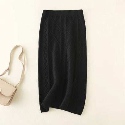 Fall Winter Thick Knitted Slim Skirt Women Casual Elastic High Waist Knitwears Straight Faldas Classic Solid Mid-length Saia New.