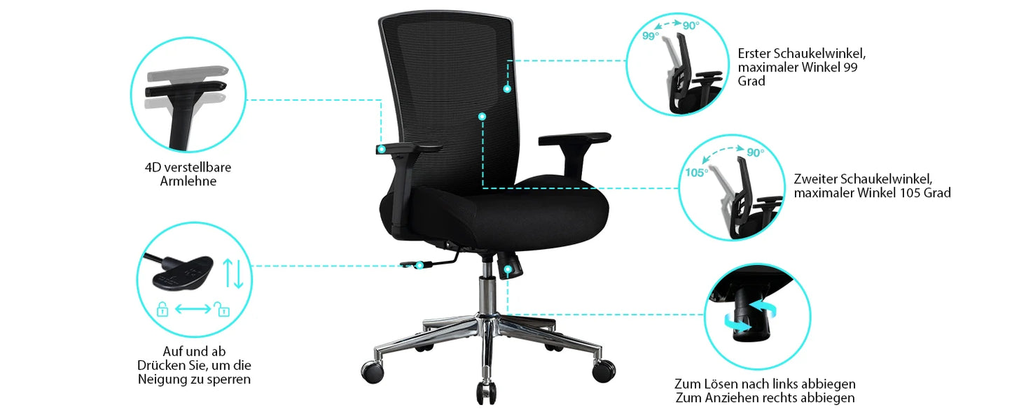 Bürostuhl 200 kg Ergonomischer Schreibtischstuhl mit 4D-Armlehnen, Bürostuhl mit Lendenwirbelstütze und 3D-verstellbarem, Wippfunkti