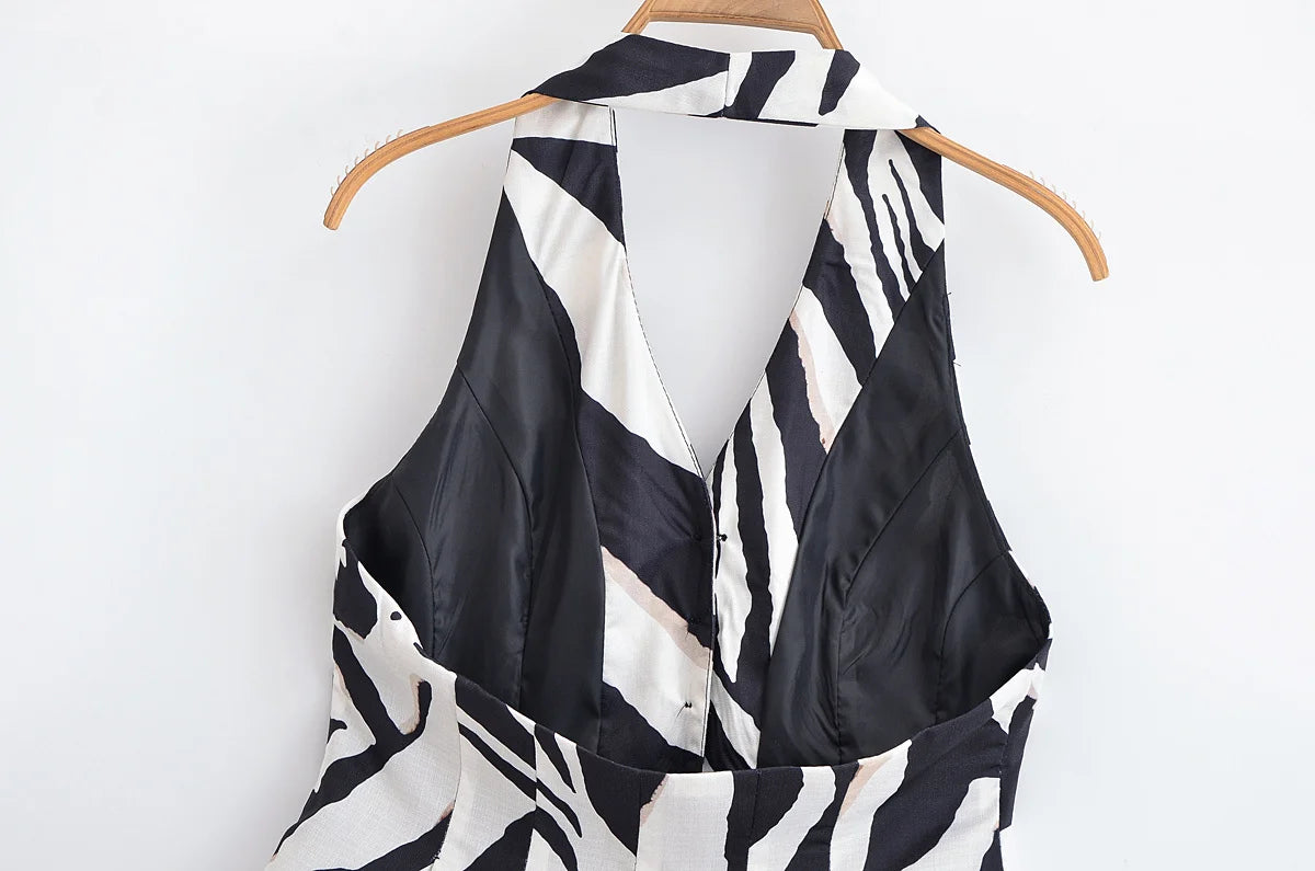 HH Women Pants Suit Fashion Zebra Stripes Single Breasted Sexy Sleeveless V-Neck Top+High Waist Zipper Casual Wide Leg Pants