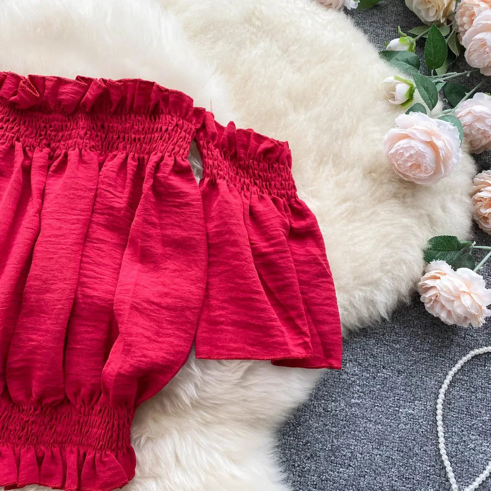 2024 Summer Green/Black/Red Two Piece Set Women Sexy Slash Neck Short Tops + High Waist Wide Leg Pants Female Suit New.