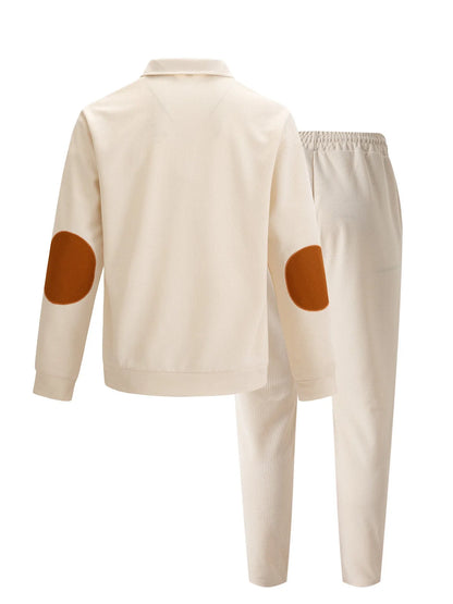 Men's new autumn style American stand-up collar button elbow patch color-block long-sleeve hoodie and pants set.