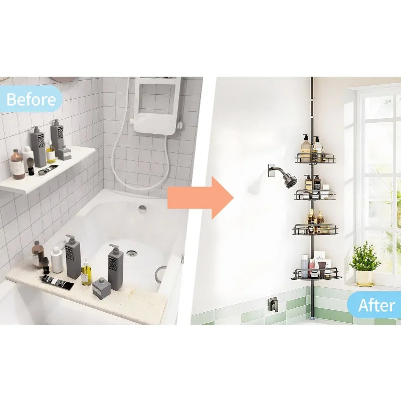 4-stufiges verstellbares Eck-Duschregal (82–296 cm) – kein Bohren, Spannstange, dreieckiger Organizer für Badezimmer, Küche, Aufbewahrung mit Haken
