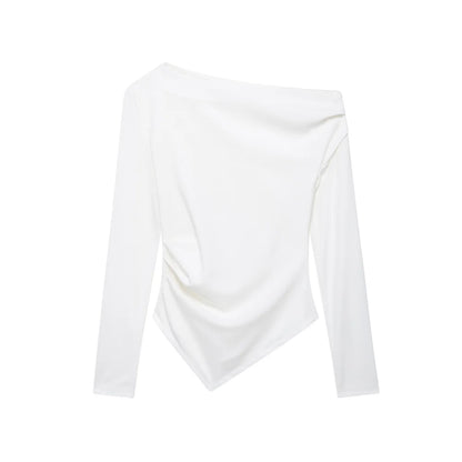 Women's Asymmetric Elastic Top Solid Color Long Sleeve Slant Neck Decoration Spring New Casual Women's Top.