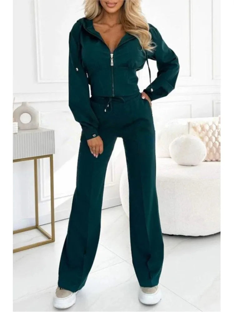 Autumn And Winter Hooded Zipper Jacket Tight Solid Color Two-piece Sets Women Fashion Casual New Wide Leg Pants 2 Piece Set.