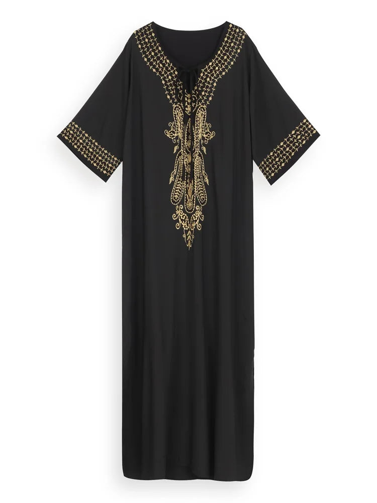 2025 Indie Folk Schnürung V-Ausschnitt Fledermausärmel Sommer Strandkleid Tunika Damen Beachwear Kaftan Maxikleid Robe Sarong Q775.