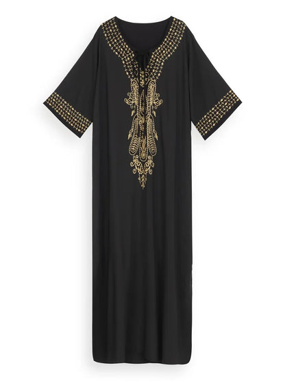 2025 Indie Folk Schnürung V-Ausschnitt Fledermausärmel Sommer Strandkleid Tunika Damen Beachwear Kaftan Maxikleid Robe Sarong Q775.