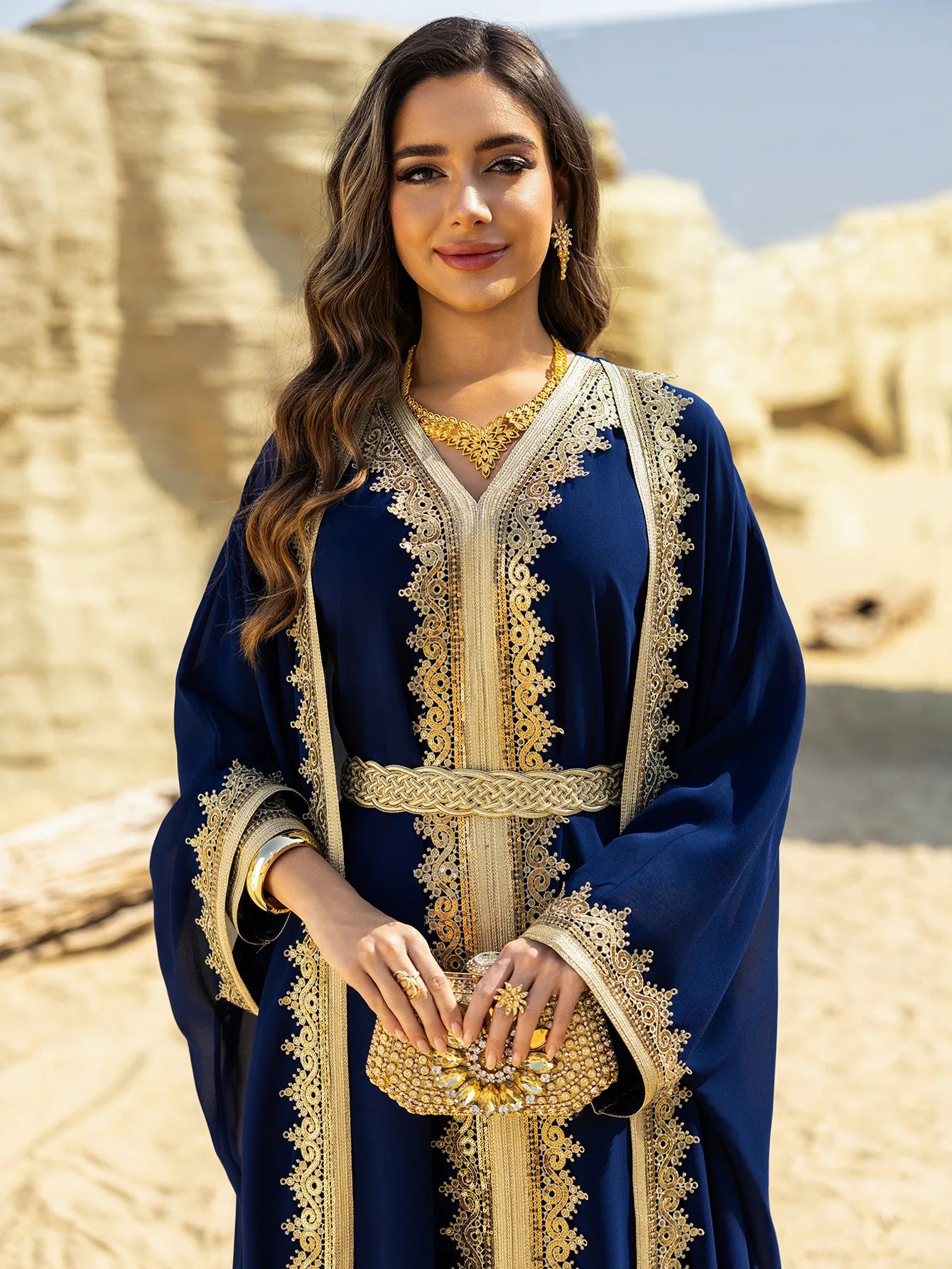 Eid Frauen Abaya Kleid Muslim 2-teiliges Set Strickjacke mit Innenkleid Schnürmantel Kaftan Robe Jalabiya Ramadan Marokko Kaftan 2025