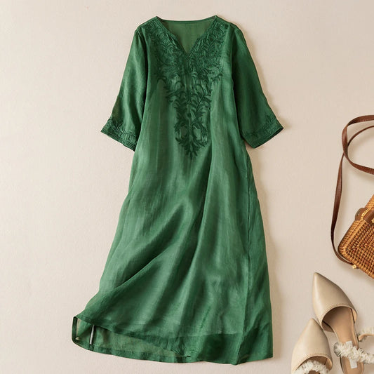 Vintage bedruckte Frauen kleider neue französische lose V-Ausschnitt Kleidung Kurzarm Sommer A-Linie Stickerei Empire Kleid