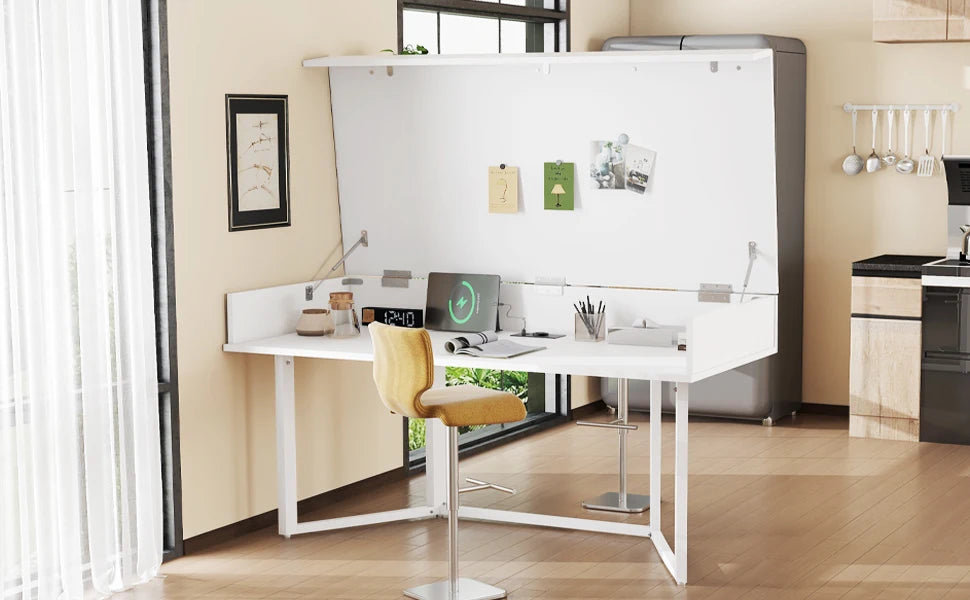 Klappbarer Schreibtisch – Multifunktional, faltbar, mit europäischen Steckdosen, Muschel-Design zum Verstecken des Unordnunges auf dem Schreibtisch