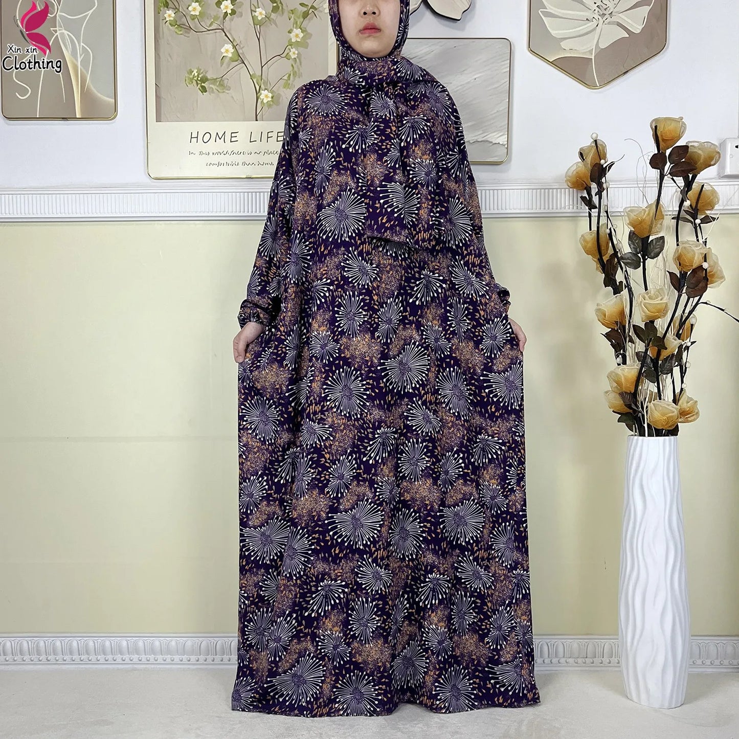 2025 New Muslim Abayas For Women Ramadan Prayer Garment Dubai Middle East Femme Robe Cotton Loose African Dress Turban Attached