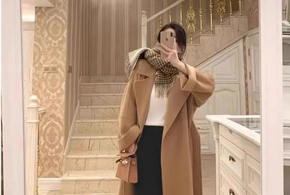 Mode Schwarz Lange Woolen Mantel Mit Gürtel Frauen Lose Revers Mantel Herbst Winter Warme Dame Oberbekleidung High Street