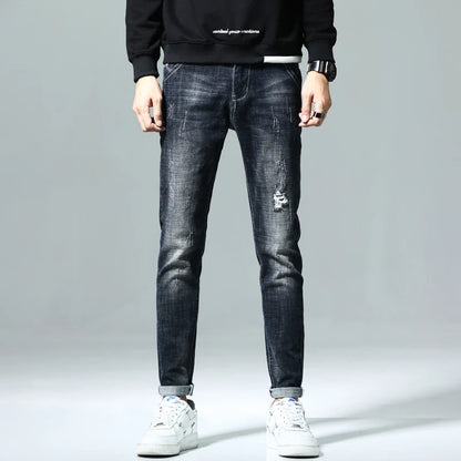 New Men's Fashion Ripped Jeans Stretch Slim Straight Little Feet Pants Hip Hop Youth Streetwear Punk Personality Male Trousers.