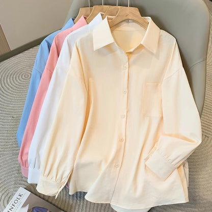 Plus Size Women's Blouses 2025 Spring Autumn Simple Lady Shirts Long Sleeve Big Pockets Shirt Loose Casual Tops.