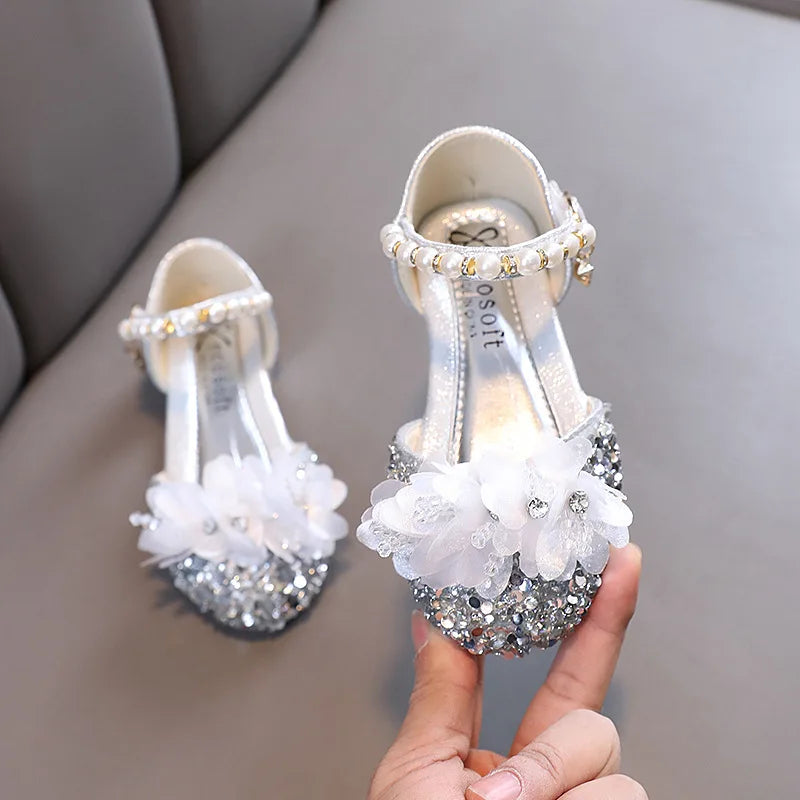 Fashion Children's Sandals 2024 Spring Summer Shining Flowers Sweet Girl Princess Shoes Dance Performance Kids Sandals J191.