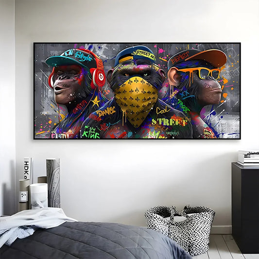 Graffiti Three monkey Wall Art Poster Animal Pop Mural Modern Home Decor Canvas Painting Picture Prints Living Room Decoration.