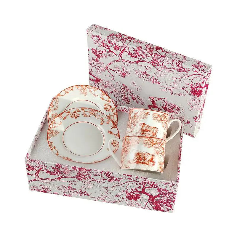 Red, Blue, Gray Tiger Series  Animal Images Bone Porcelain Coffee Cup Plate European Afternoon Tea Cup and Saucer Set Gift Box.
