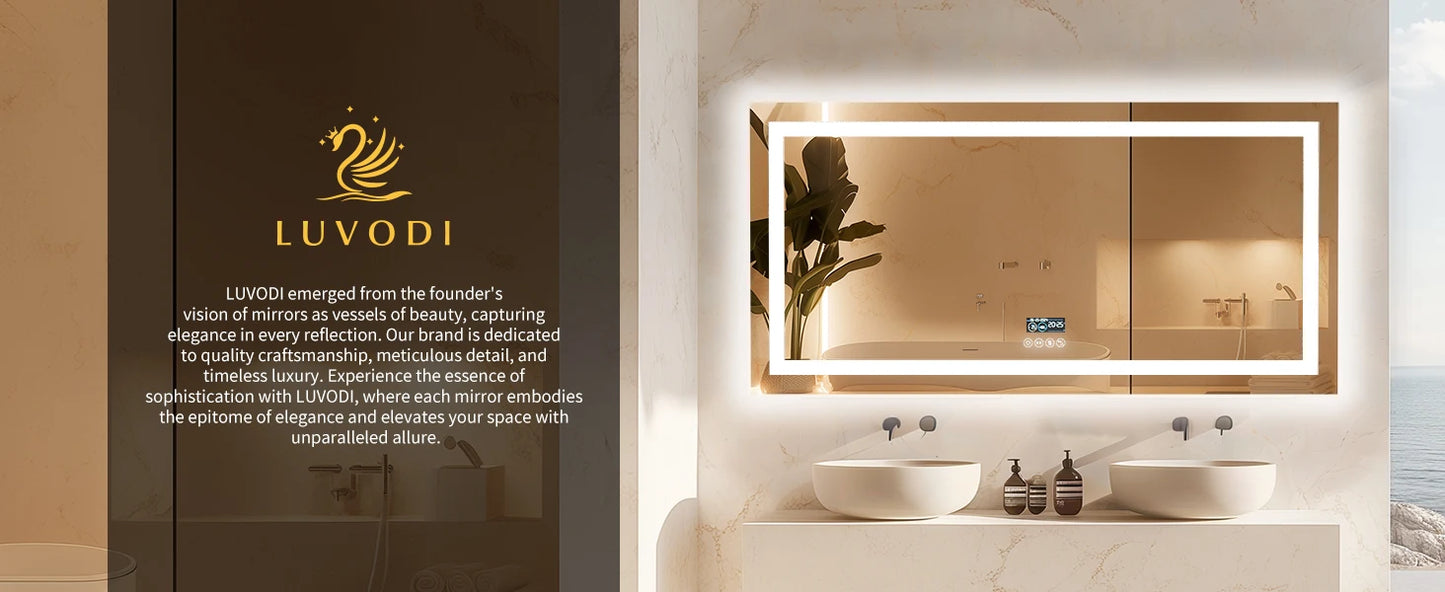 LUVODI Großer beleuchteter Bluetooth-Badezimmerspiegel, rechteckig, beschlagfrei, LED-Badezimmer-Kosmetikspiegel mit Bluetooth-Lautsprecher, 3-farbig